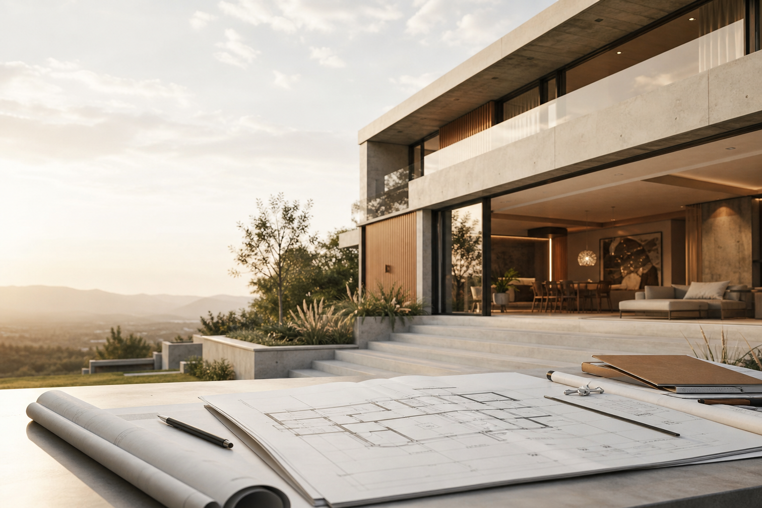 Proyecto arquitectonico moderno con planos sobre mesa